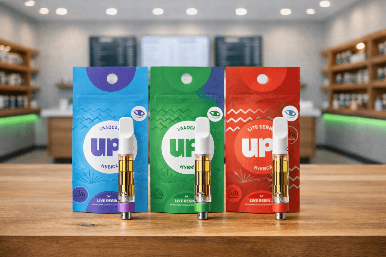 UP brand weed pens and strain packaging displayed in a dispensary
