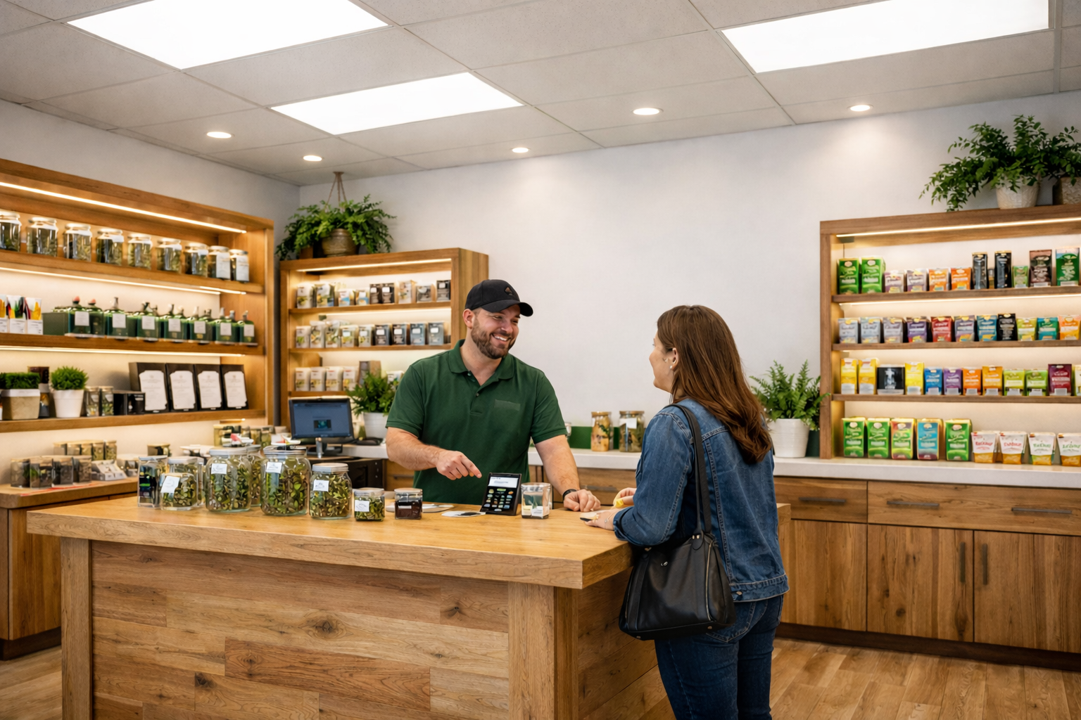 Wellgreens Del Cerro dispensary interior with staff assisting customer