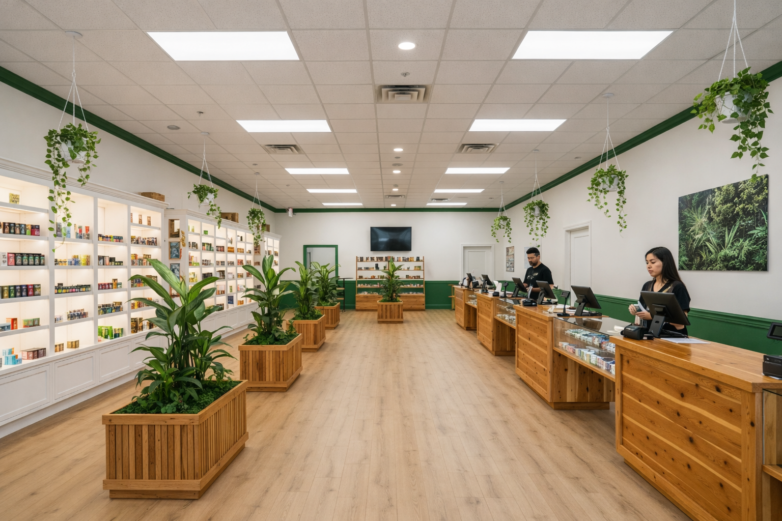 Spacious Wellgreens cannabis retail floor with indoor plants and illuminated product shelves