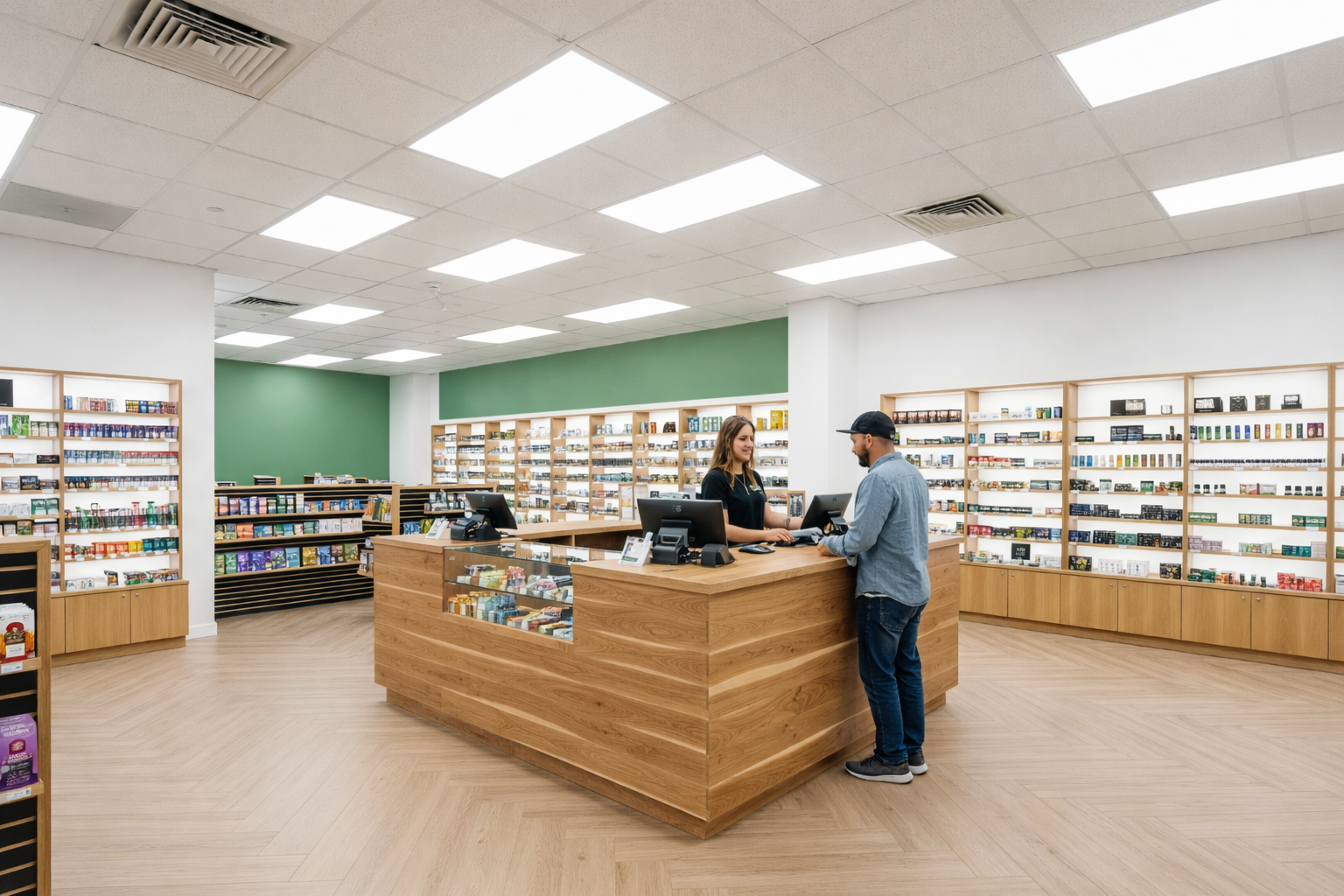 Modern Wellgreens cannabis dispensary interior with wooden checkout counter and organized product displays