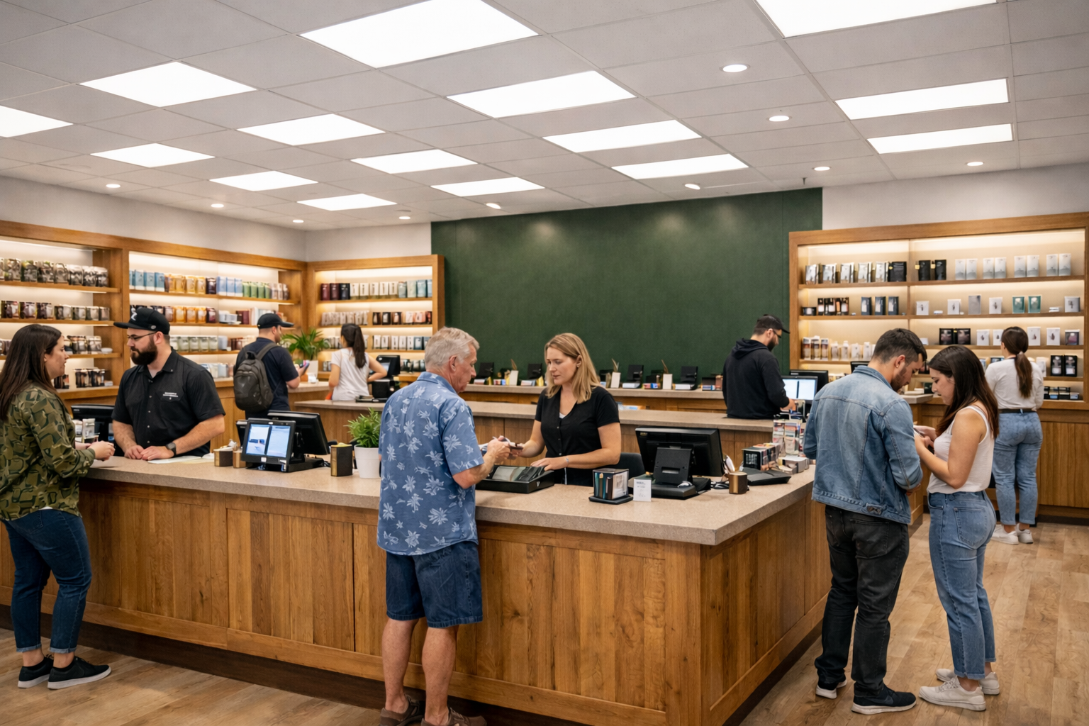 Wellgreens San Diego interior with illuminated cannabis leaf logo and product shelves