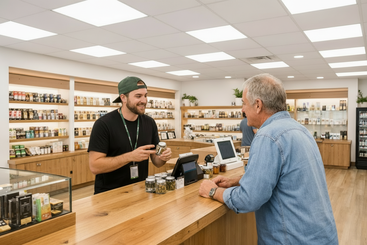 Modern cannabis dispensary interior at Wellgreens Encinitas location