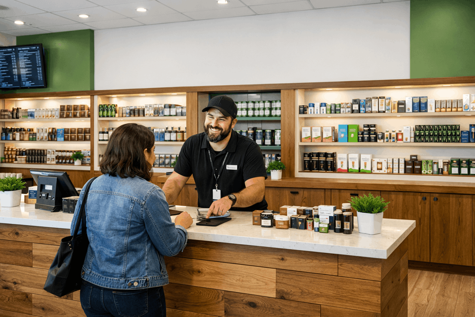 Customer speaking with budtender at Wellgreens City Heights dispensary counter