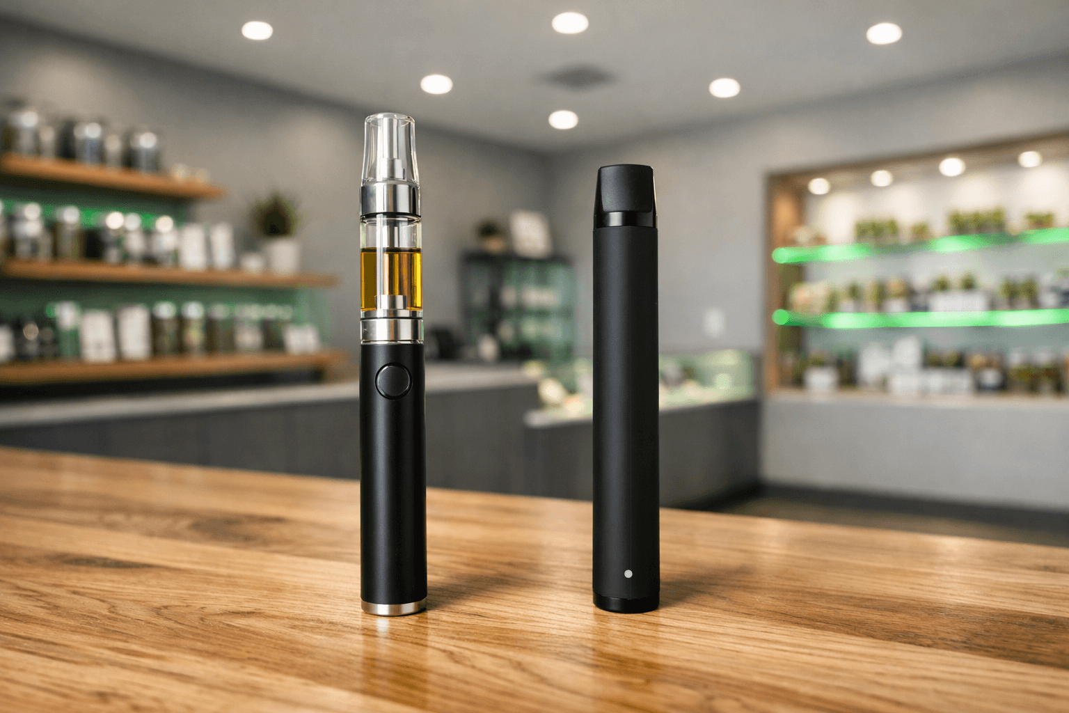 Rechargeable vs disposable weed pen comparison showing a rechargeable vape pen with cannabis concentrates in a dispensary.