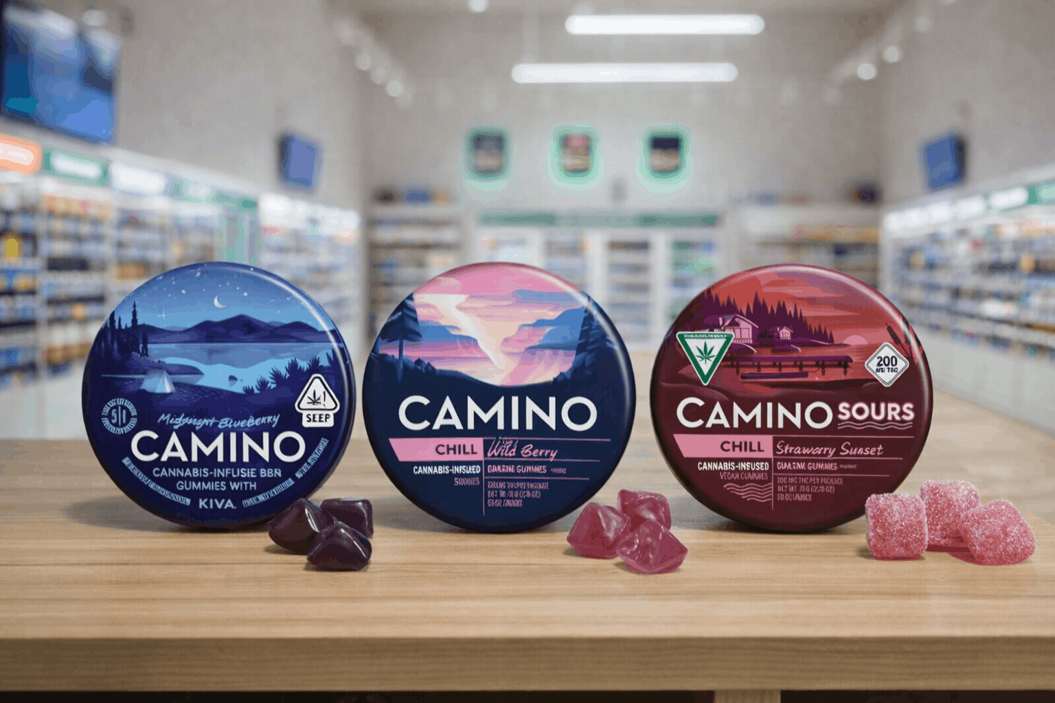 Camino Chill cannabis-infused gummies in Midnight Blueberry, Wild Berry, and Strawberry Sunset displayed on a counter inside a dispensary.