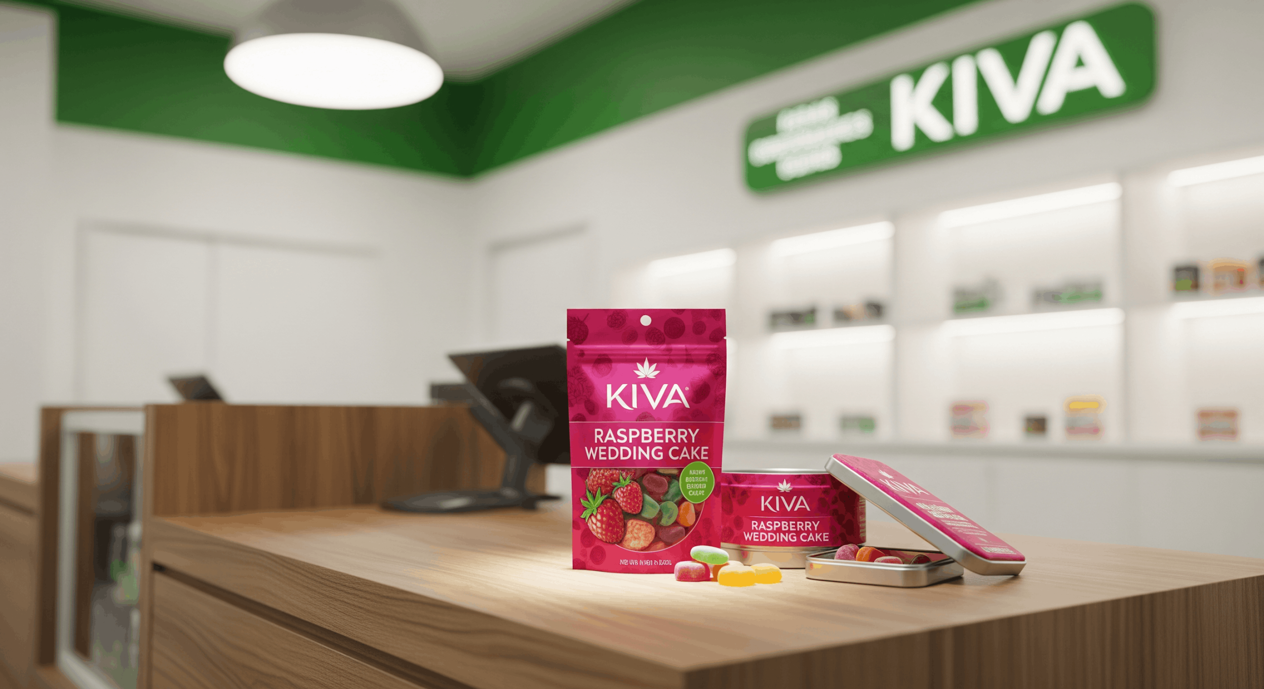 Kiva Raspberry Wedding Cake cannabis edibles on dispensary counter