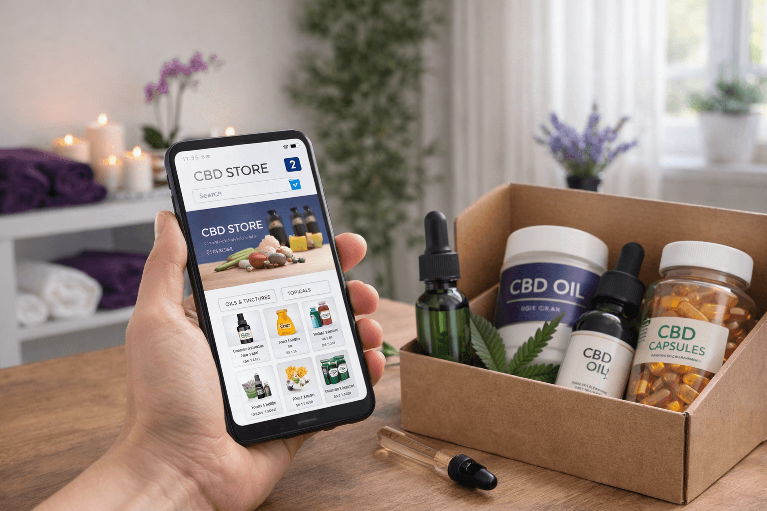 Person browsing a CBD store website on a smartphone next to CBD products