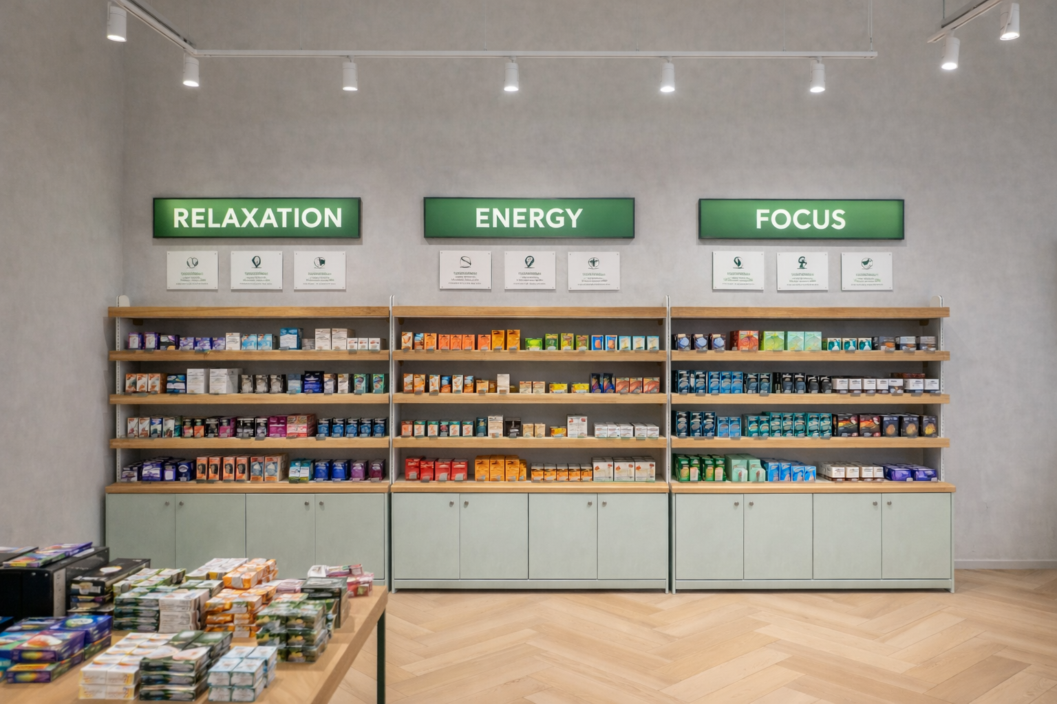 Cannabis product sections labeled relaxation, energy, and focus on retail shelves