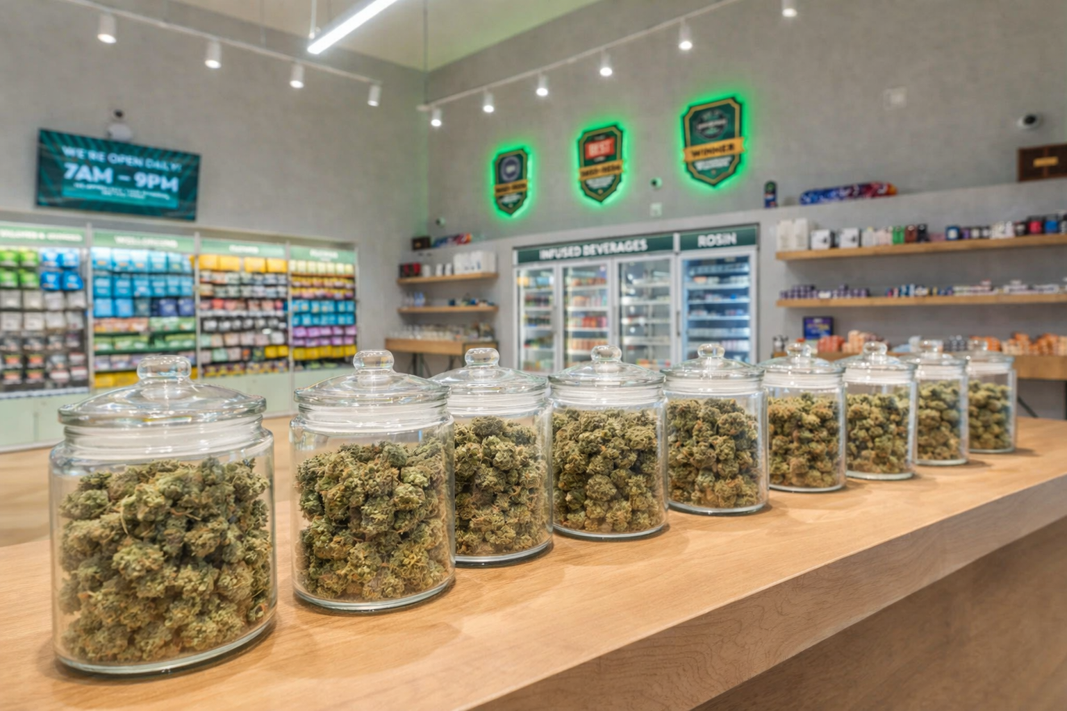 Row of glass jars filled with cannabis flower on a display table