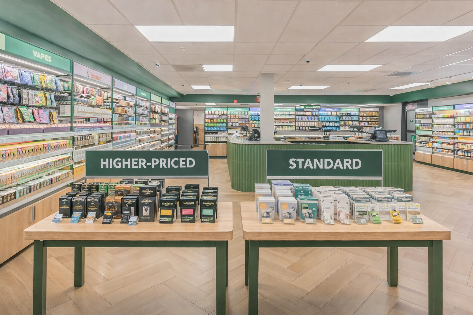 Cannabis products displayed under higher-priced and standard pricing