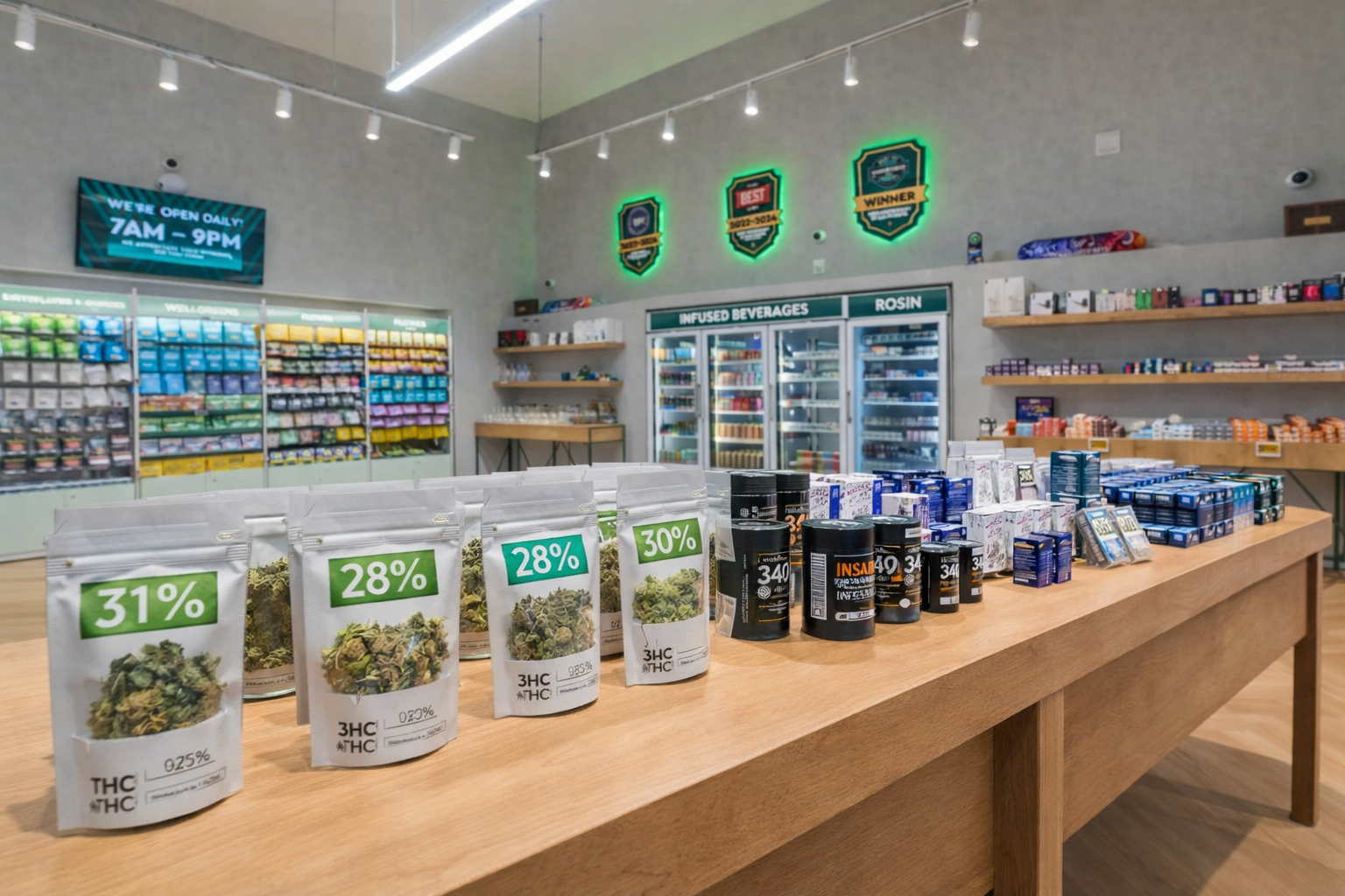 Cannabis flower packages displayed with THC percentage labels on a retail table