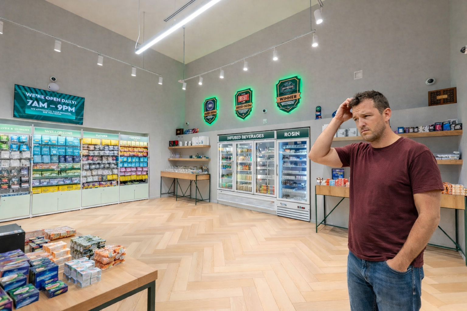Customer looking confused while browsing products inside a dispensary