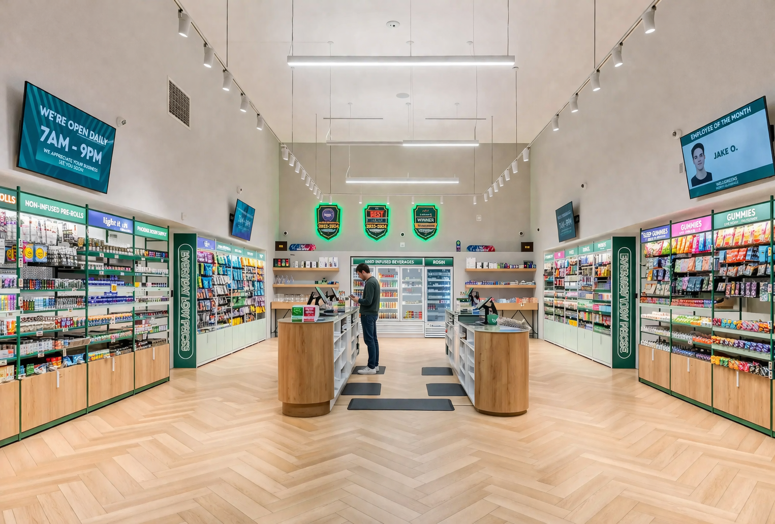 Symmetrical wide-angle view of a modern cannabis dispensary interior