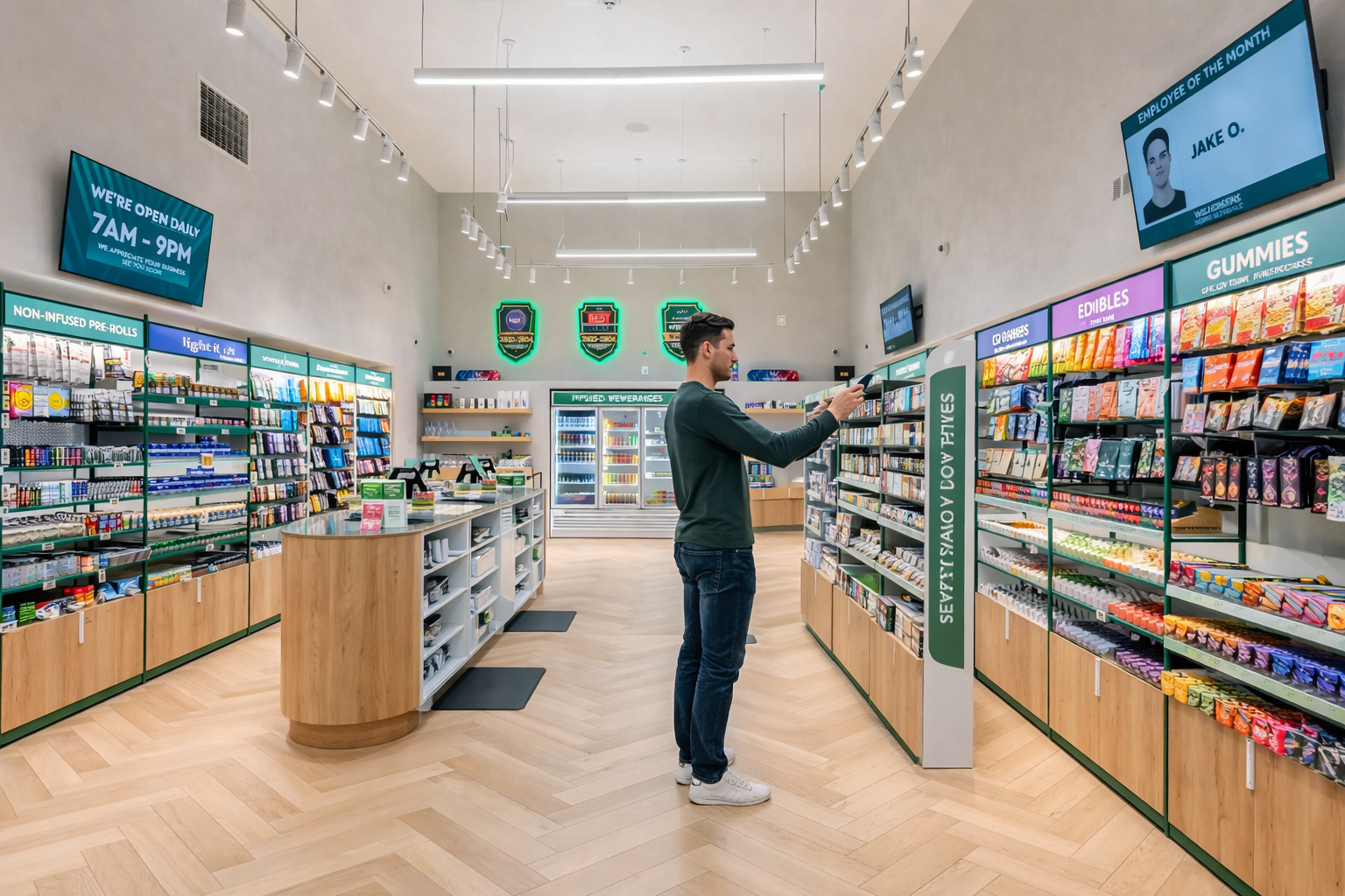 Wide interior view of a modern cannabis dispensary with organized product displays
