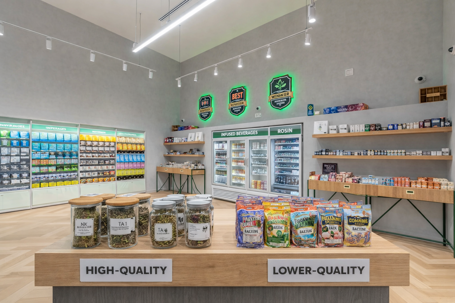 Comparison display of high-quality and lower-quality cannabis products