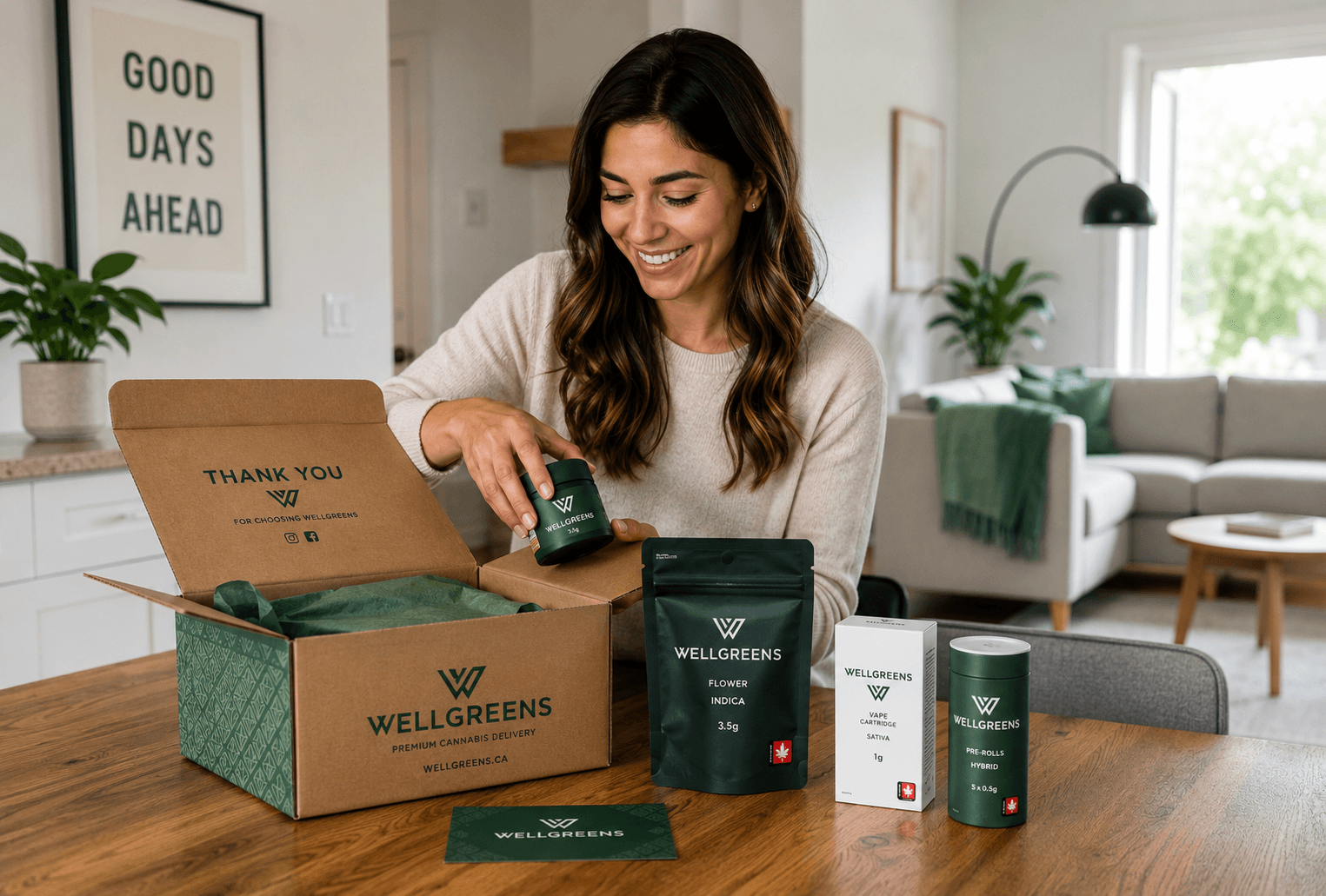 Customer opening a first-time cannabis delivery package at home