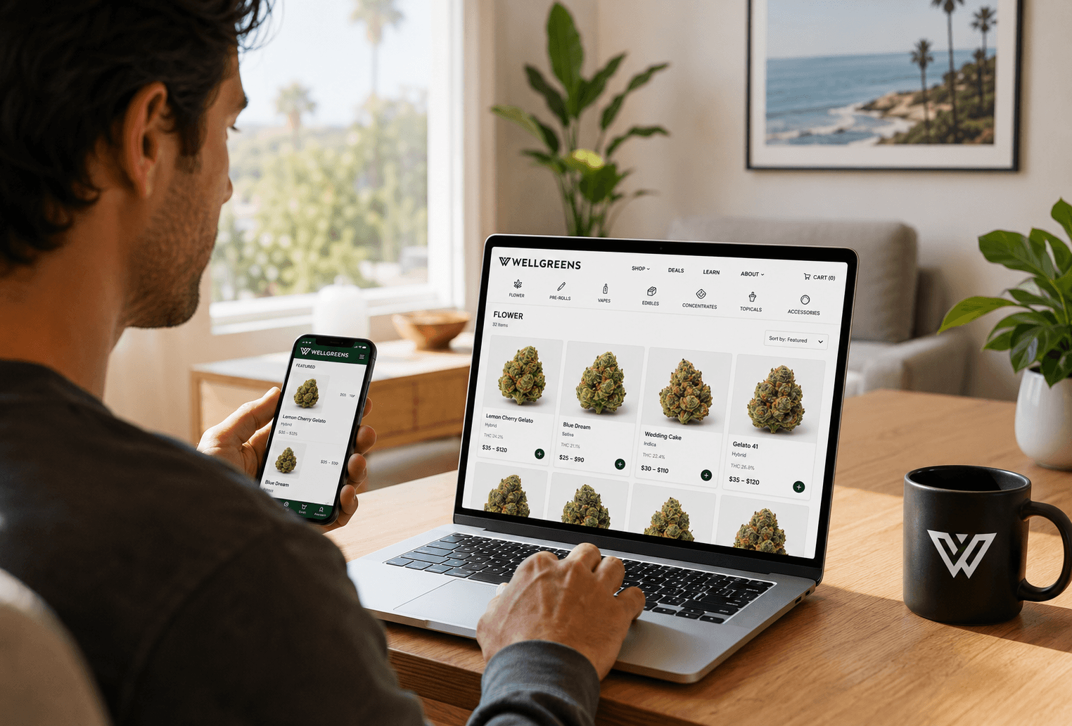 Customer browsing cannabis products online in California using laptop and smartphone